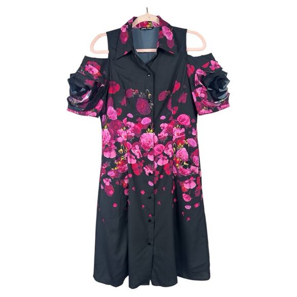 Samuel Dong  Floral midi dress open shoulder ruffle sleeves black and pink - Picture 1 of 9
